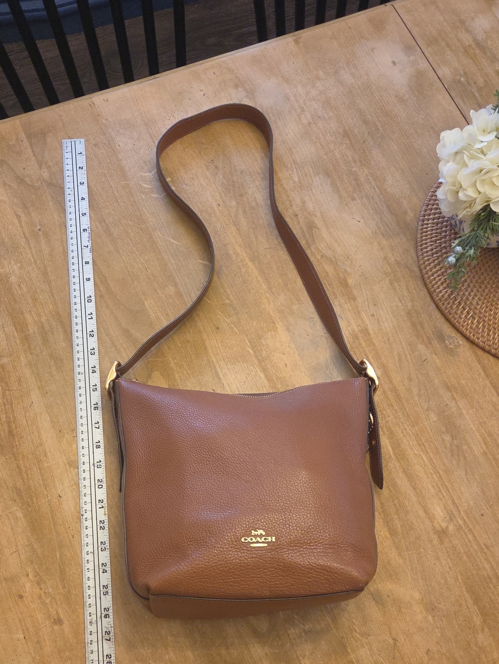 Coach Tan Pebbled Leather Shoulder Bag with Gold Logo